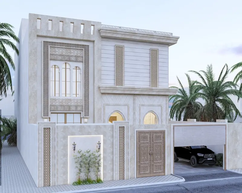 الواجهة الأمامية مع المدخل وموقف السيارات